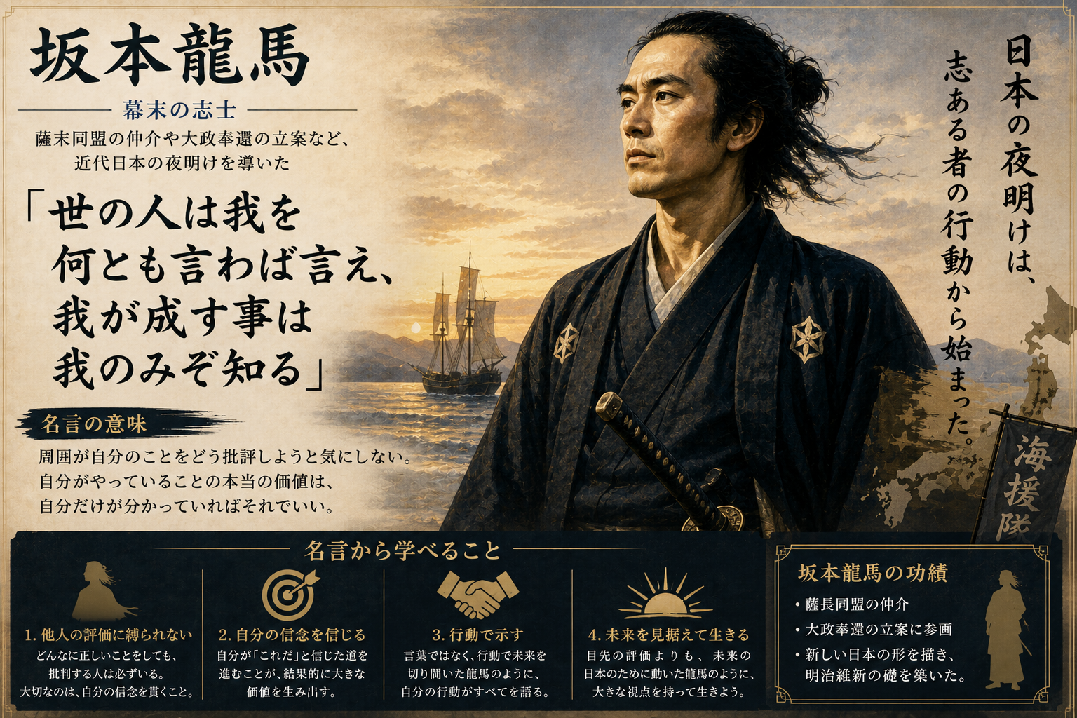 【坂本龍馬の名言】「世の人は我を何とも言わば言え、我が成す事は我のみぞ知る」の意味を解説