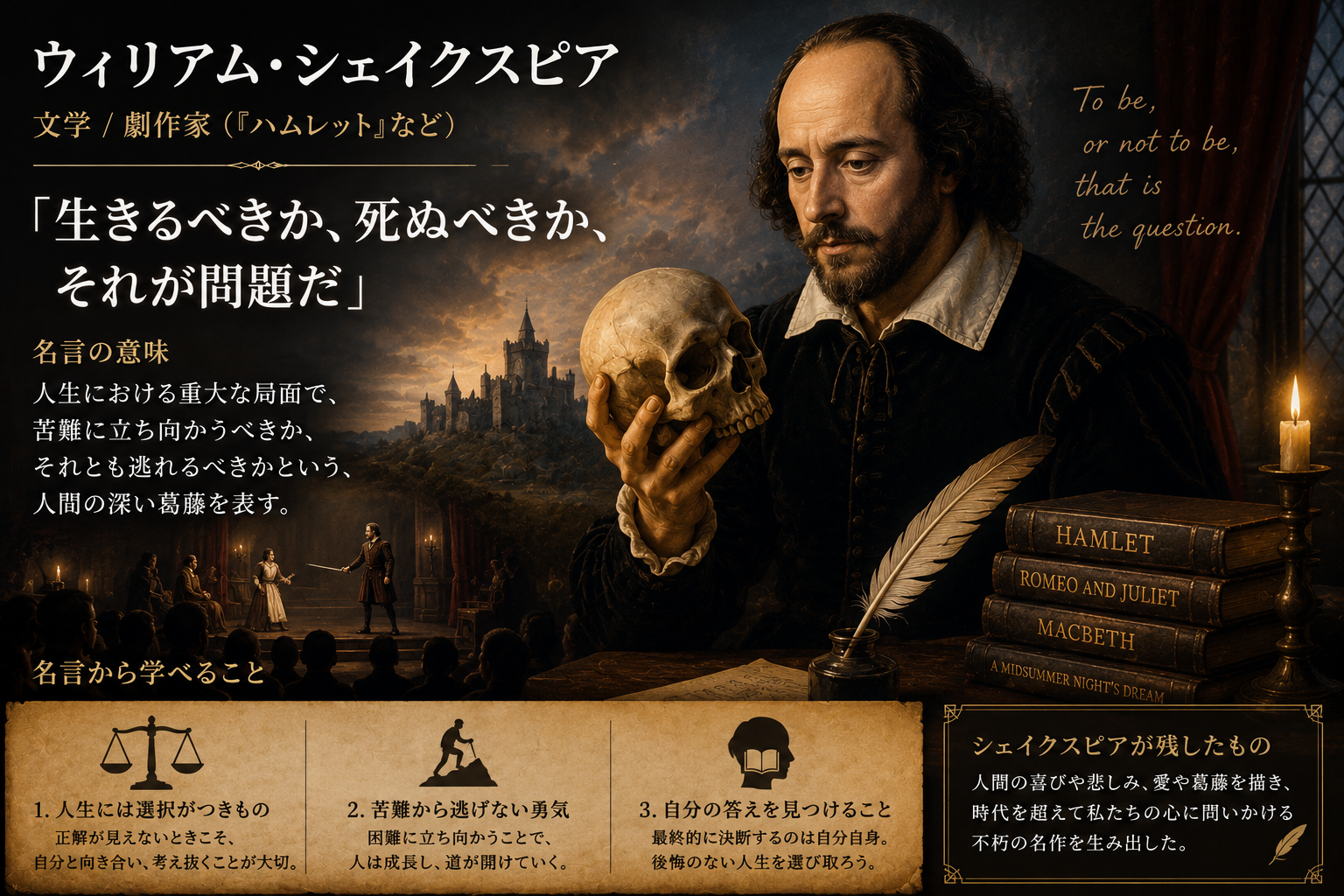 【ウィリアム・シェイクスピアの名言】「生きるべきか、死ぬべきか、それが問題だ」の意味を解説